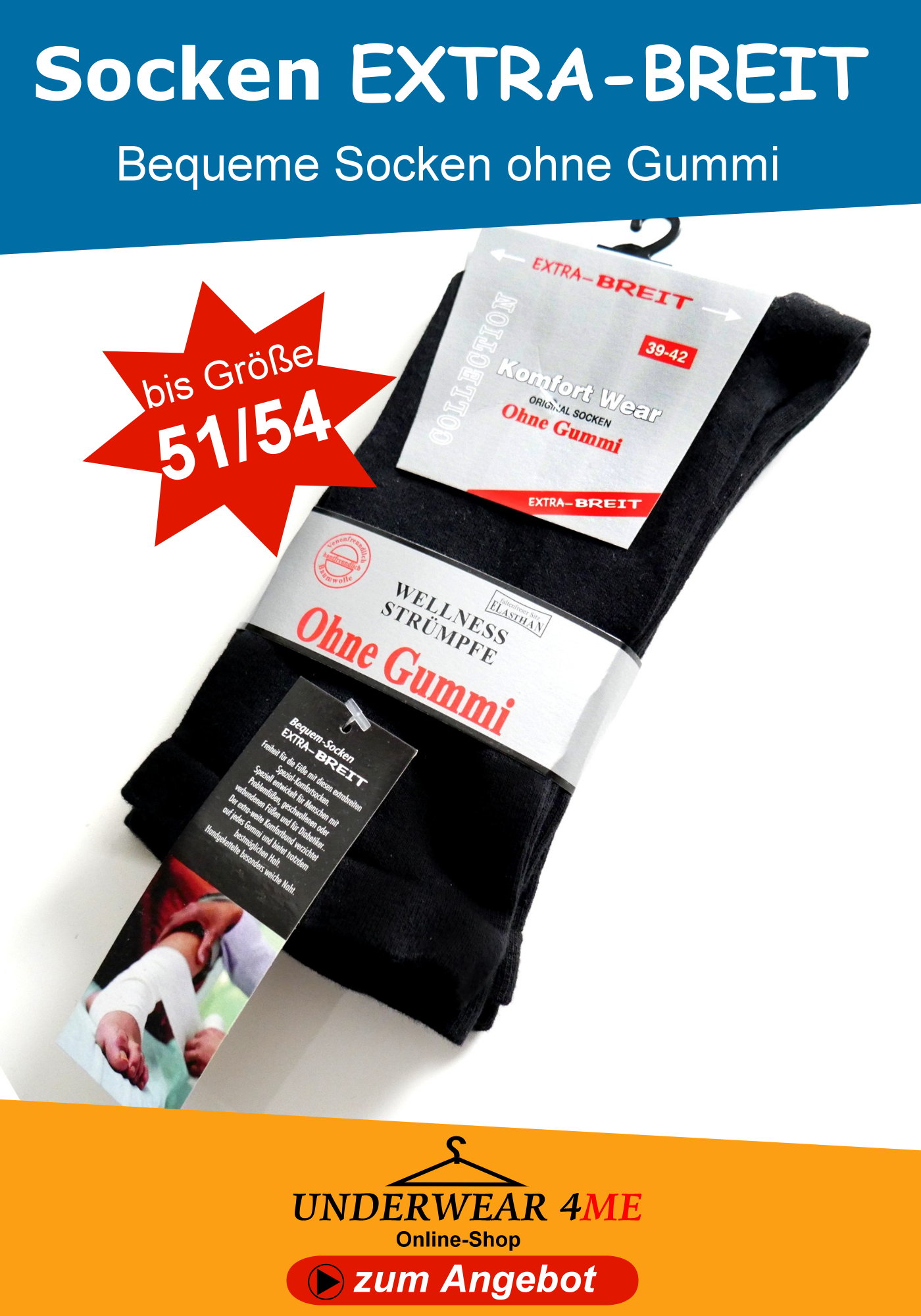 Diabetikersocken Herren Schwarz extra-breit ohne Gummi