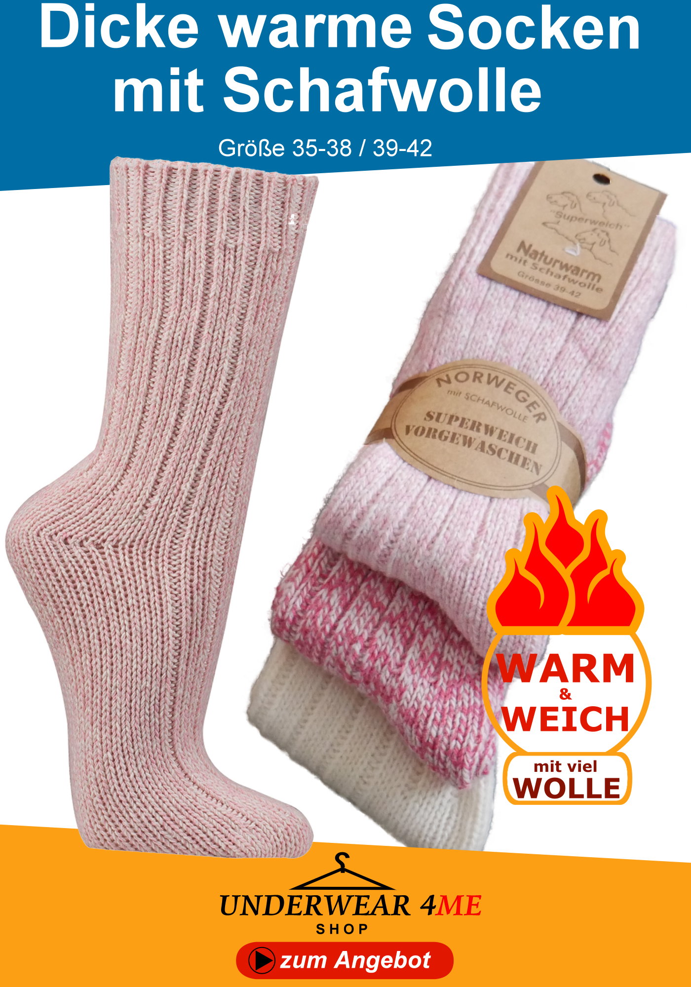 Dicke warme Socken mit Schafwolle für Damen in den Farben Rose, Pink, Wollweiss & Hellblau in Gr. 35-38 39-42