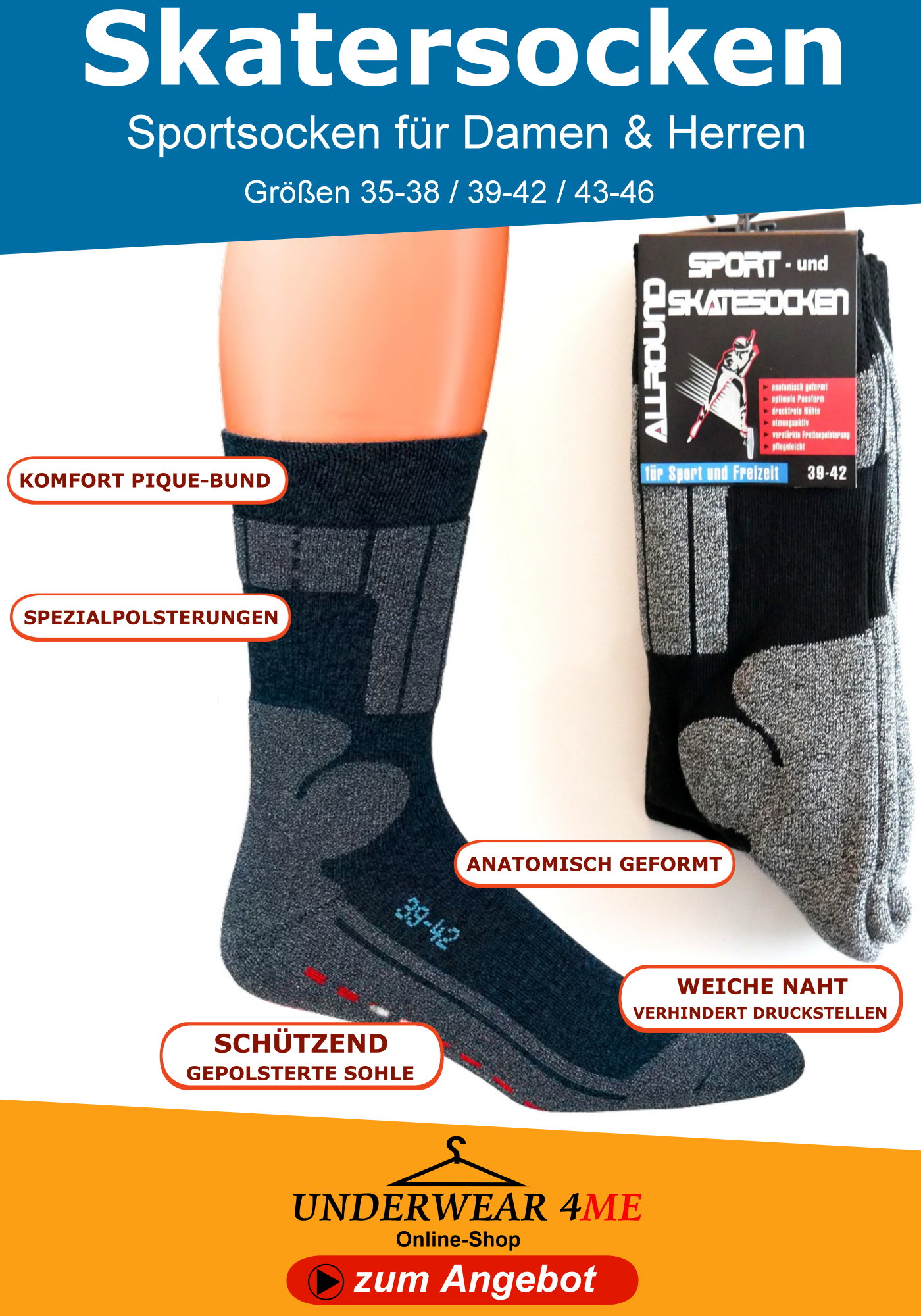 Skatersocken für Damen & Herren Gr. 35-38 / 39-42 / 43-46