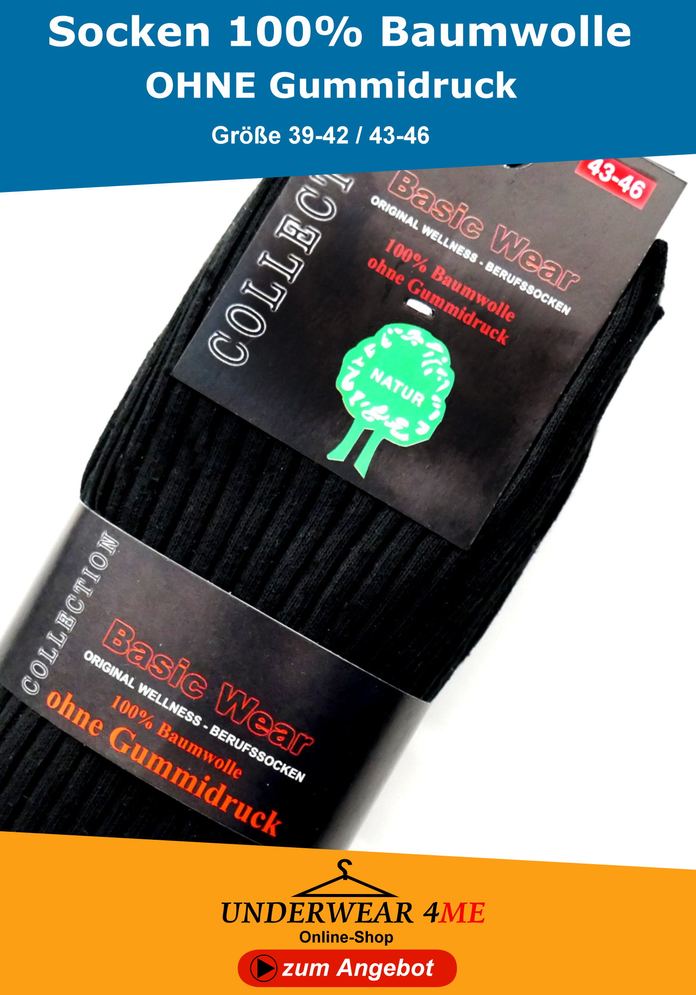 Socken 100 Baumwolle ohne Gummidruck Schwarz 43-46 39-42