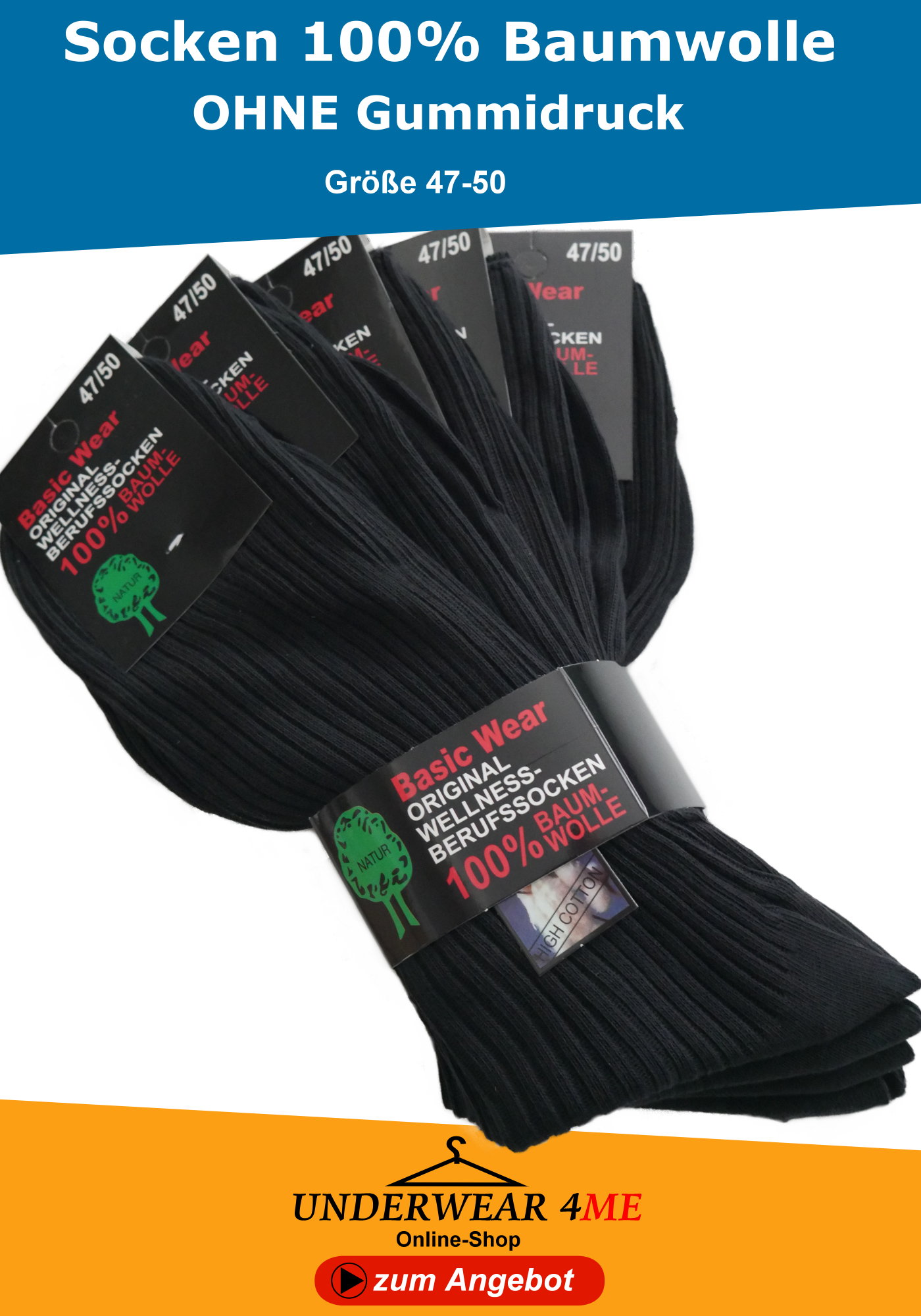 Socken 100 Baumwolle ohne Gummidruck Schwarz 47-50