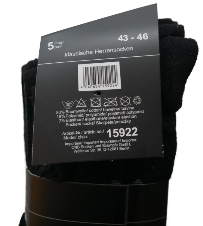 Preview: 5 Paar Herrensocken Schwarz Gr. 43-46 Etikett