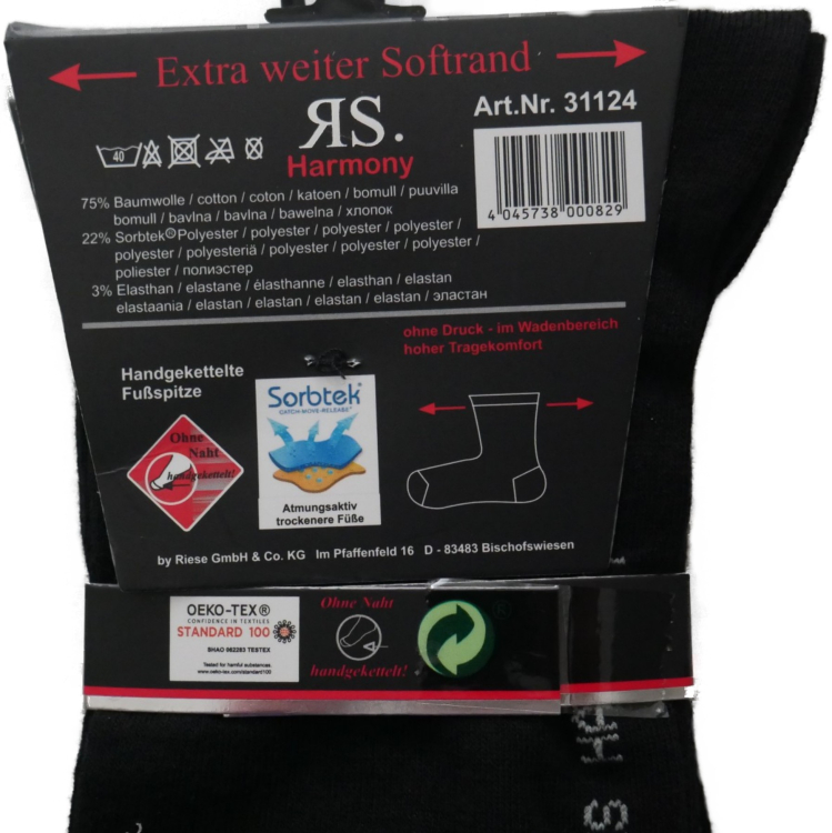 Herren-Socken Harmony 6 Paar Schwarz extra weit 43-46 39-42