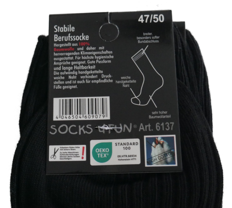 Preview: 10 Paar Baumwollsocken Schwarz 47-50 Herren Wellness-Socken Etikett