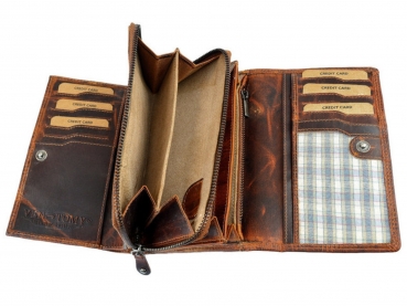 Damen Leder Portemonnaie gewachstes Leder in Braun mit RFID mit vielen Kartenfächern