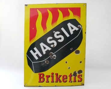 Emailschild Hassia Briketts Original 1930er Emaille-Schild Ferro-Email 78x57 cm
