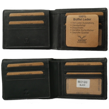 Geldbörse Herren Büffelleder Schwarz RFID 14 Kartenfächer Querformat Wallet