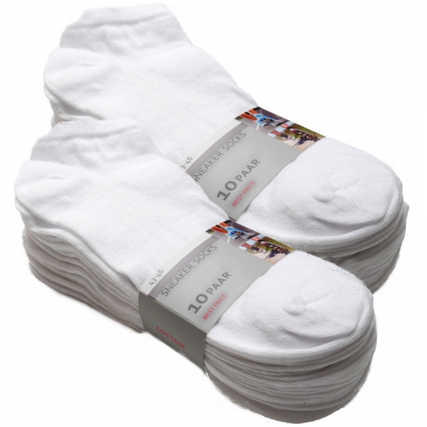 10 Paar Sneaker-Socken in Weiß für Damen & Herren Größe 39-42/43-46