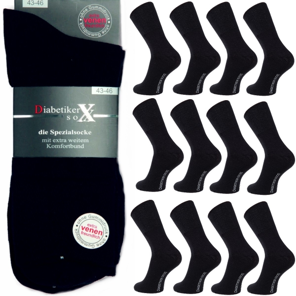 12 Paar Diabetikersocken Herren Schwarz Socken ohne Gummi mit extra weitem Bund