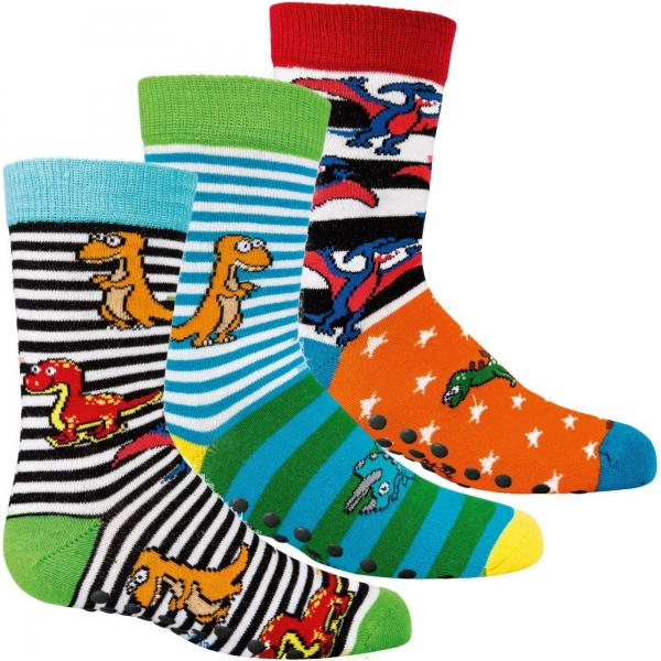 ABS-Socken Kinder mit Motiv Dinosaurier aus Vollfrottee | 3 Paar Größe 19-22 23-26 27-30 31-34