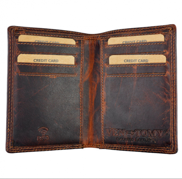 Leder-Geldbörse für Herren aus Büffelleder Braun RFID und viele Kartenfächer im Hochformat