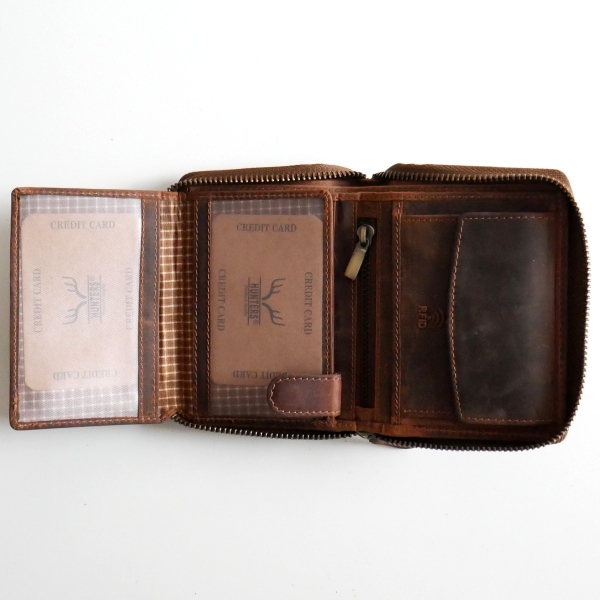 Geldbörse Leder Braun Rundum-Reißverschluss RFID Münzfach Wallet im Hochformat