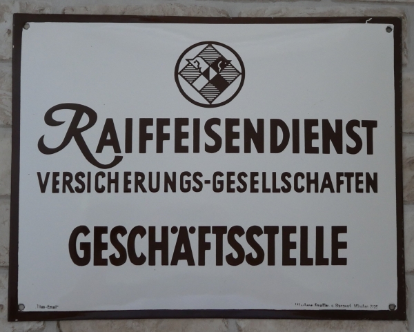 Emailschild Raiffeisendienst Versicherungs-Gesellschaften 1950er Emaille-Schild
